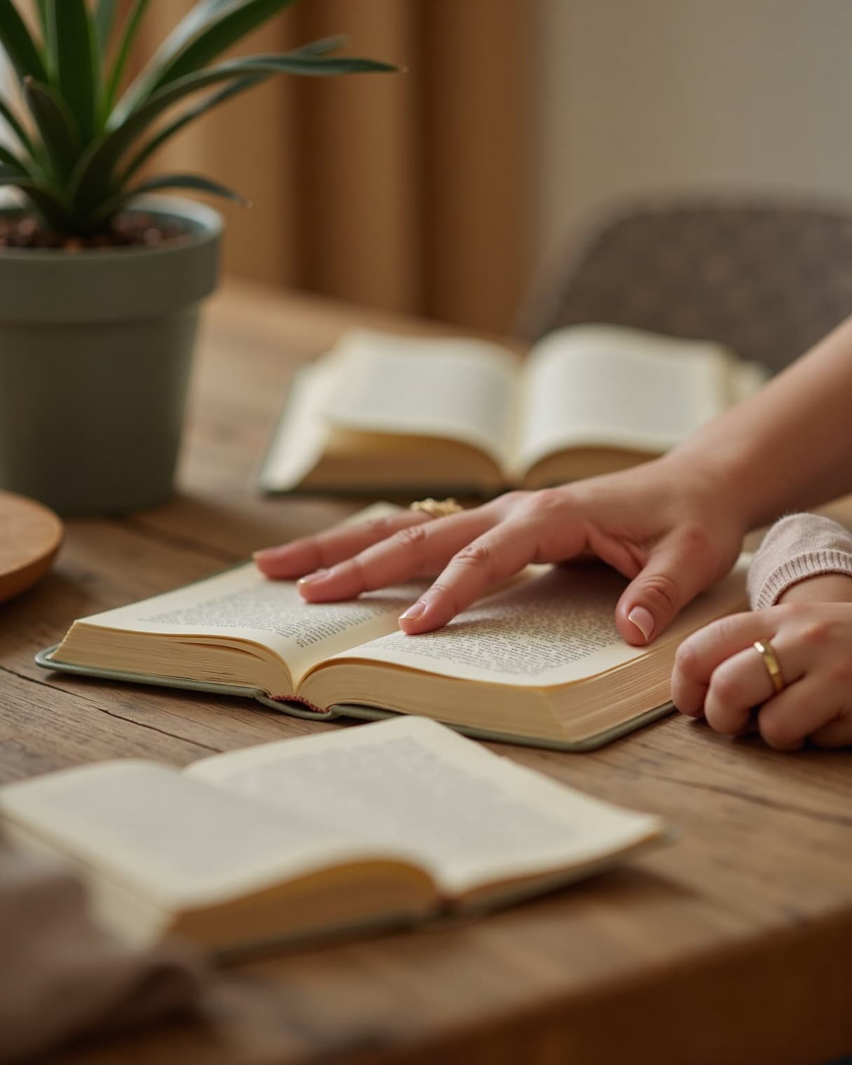 An adult's hand resting on an open book at a warm wood table, a wedding ring, more books softly out of focus