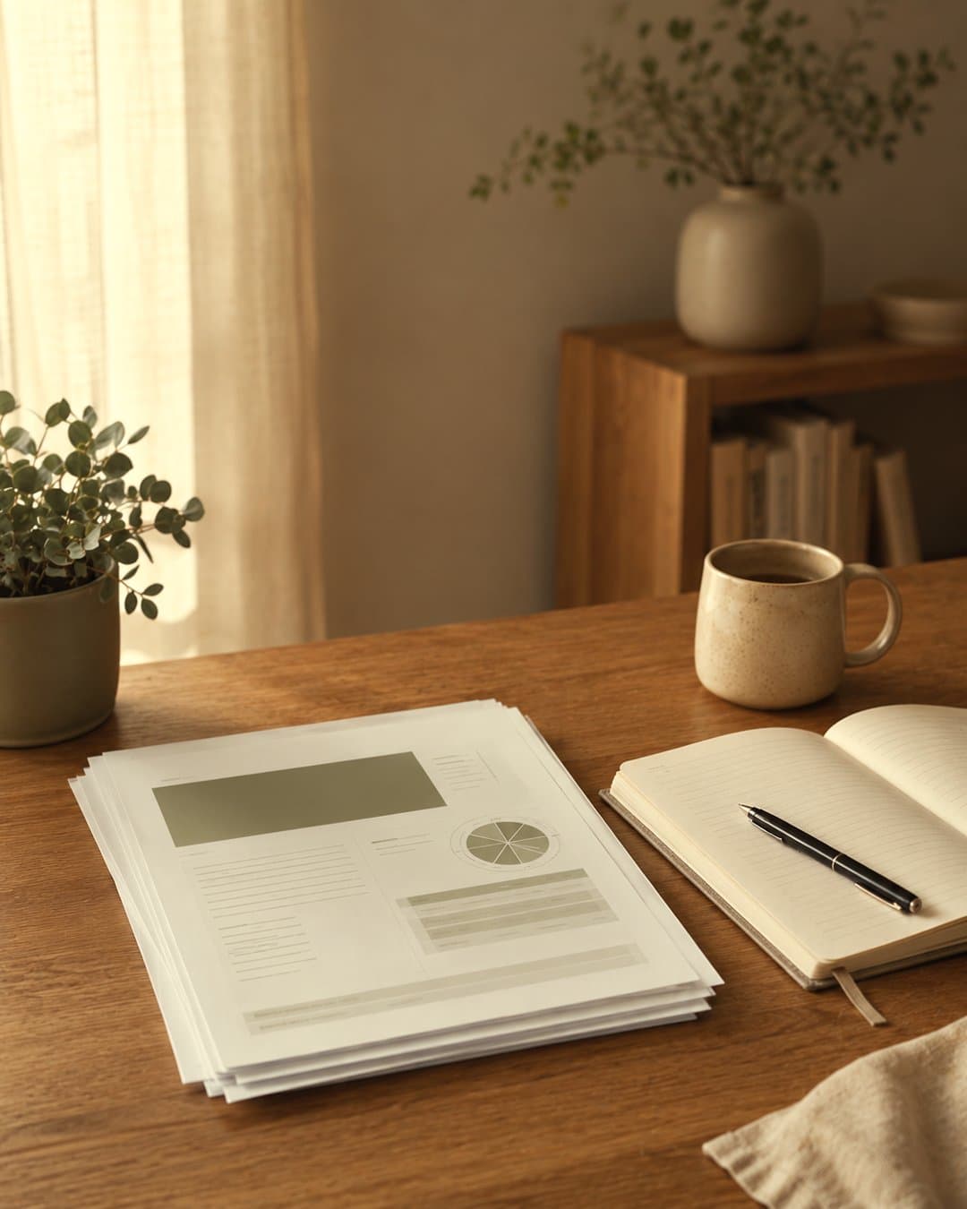A printed evaluation, an open notebook, a mug and a plant on a warm wood table in soft morning light