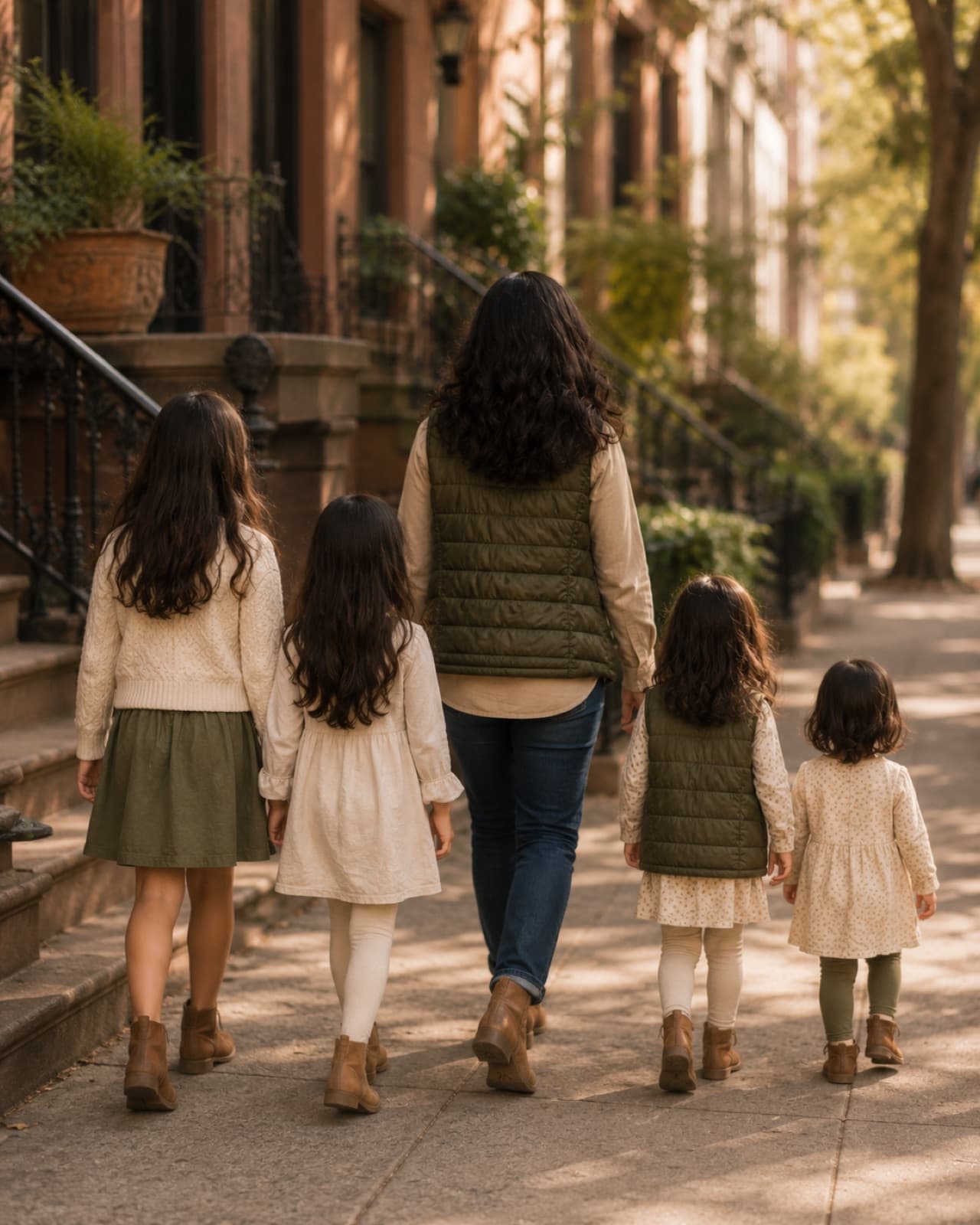 A mother and her four young daughters walking together down a tree-lined brownstone street, seen from behind