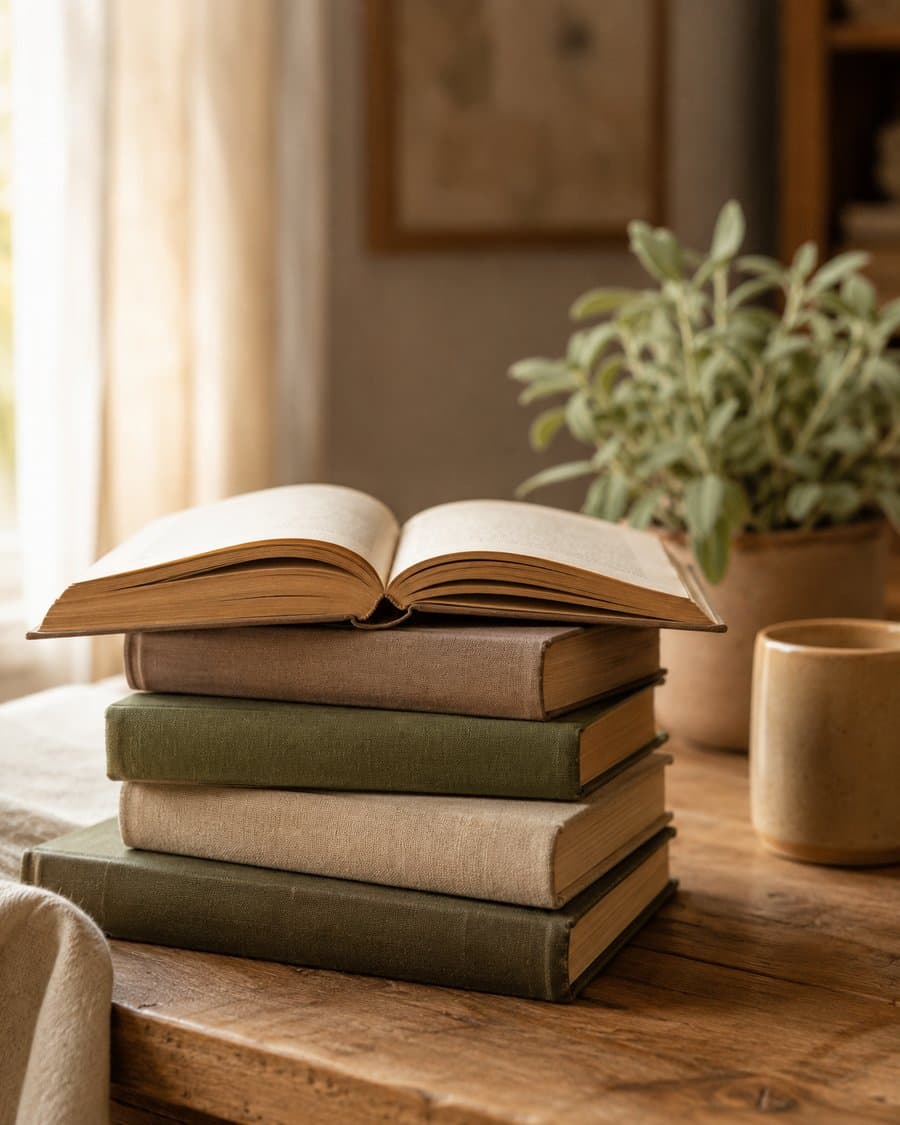 A cozy stack of cloth-bound books with an open book on top, a plant and a mug on a warm wood table