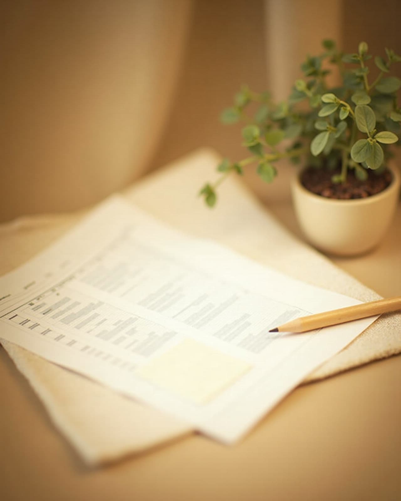 A printed evaluation with soft muted charts, a sticky note, and a pencil resting on it beside a small plant on a warm wood table, a report becoming a simple plan