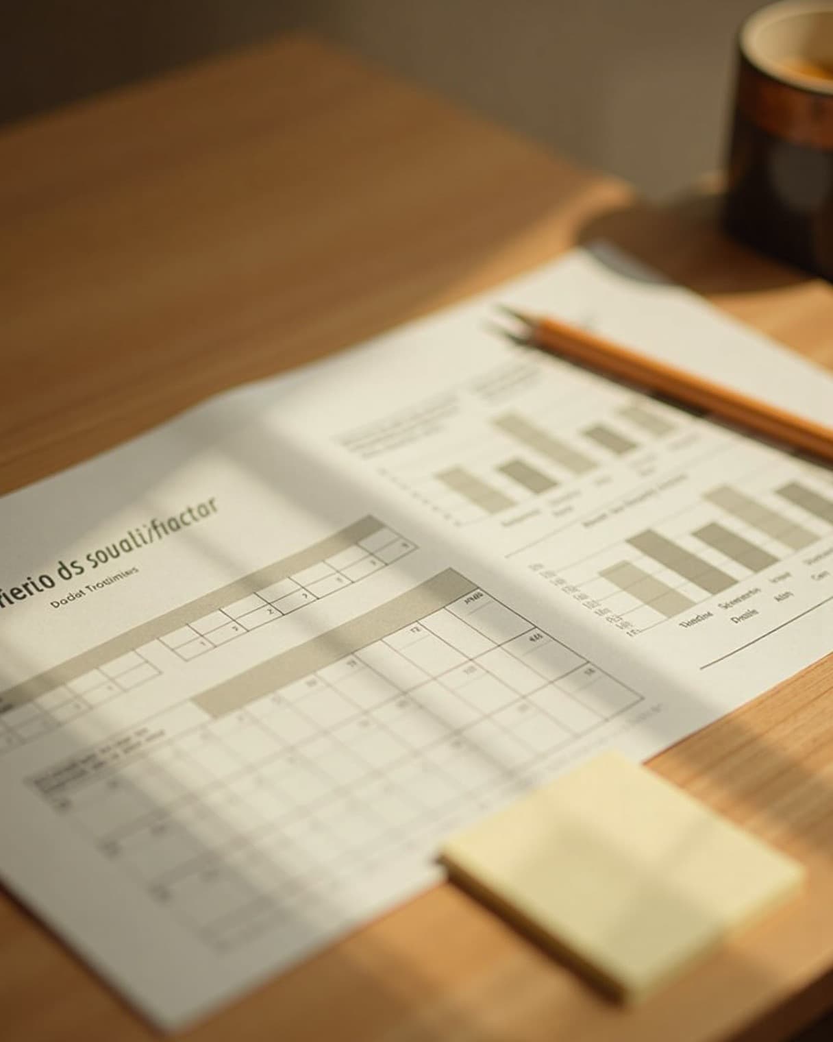 A printed evaluation with muted charts and a pen on a warm wood table